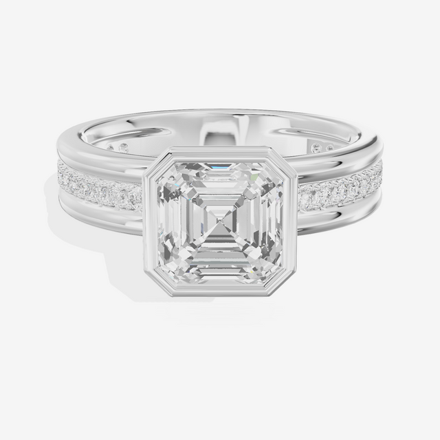 Belovae Bezel Asscher Engagement Ring with Side Stones (1/4 ct. tw.) in 18K White Gold