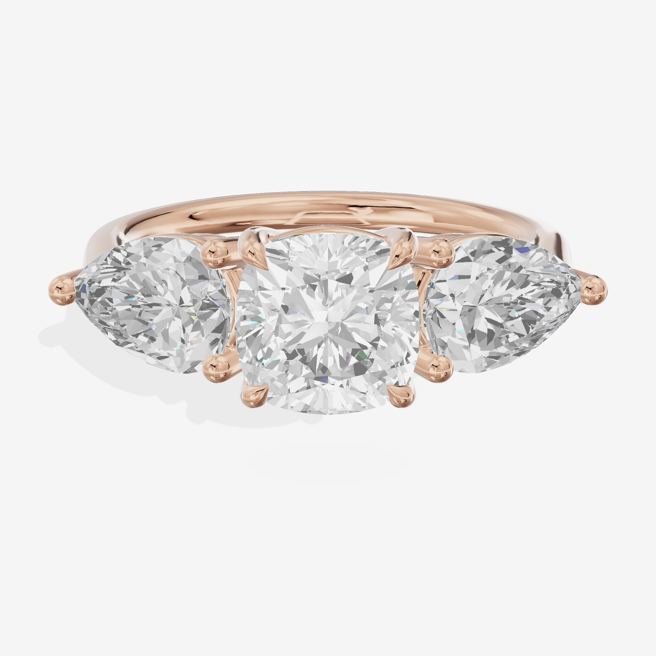 Luxe Heartline Three Stone Cushion Engagement Ring (3/4 ct. tw.) in 14K Rose Gold