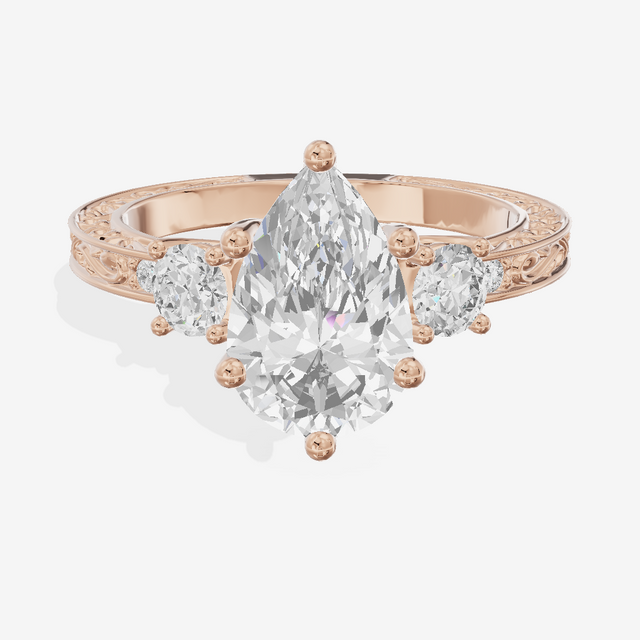 Triade Engraved Pear Three Stone Engagement Ring (1/3 ct. tw.) in 18K Rose Gold