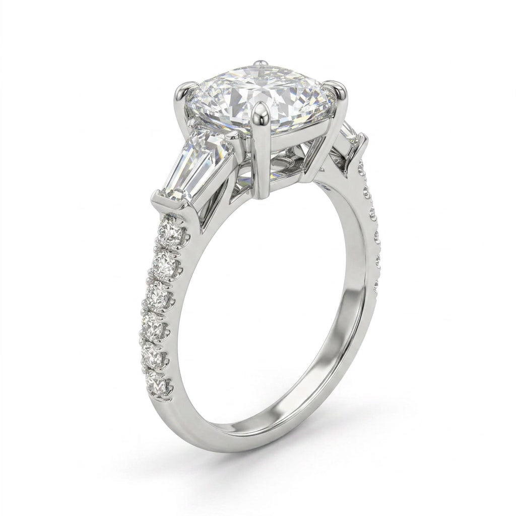 Three Stone Pavé Radiant Engagement Ring (3.02 ct. tw.) in 18K White Gold