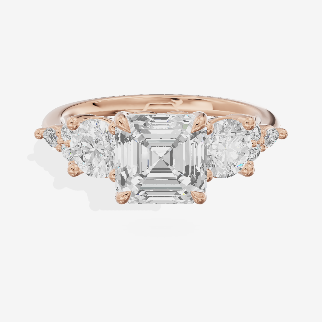 Luxe Halcyon Three Stone Asscher Engagement Ring (3/4 ct. tw.) in 14K Rose Gold