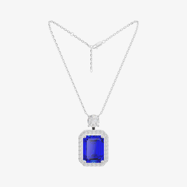 Pavé Halo Emerald Cut Sapphire Pendant (2.06 ct. tw.) in 18K White Gold