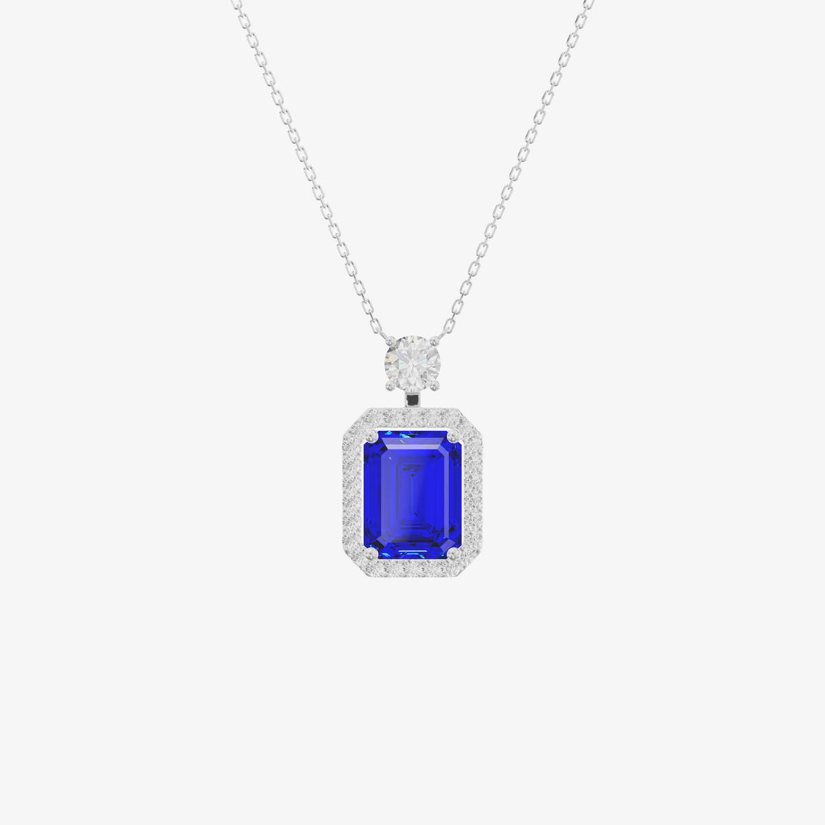 Pavé Halo Emerald Cut Sapphire Pendant (2.06 ct. tw.) in 18K White Gold