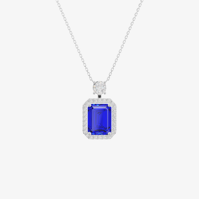 Pavé Halo Emerald Cut Sapphire Pendant (2.06 ct. tw.) in 18K White Gold