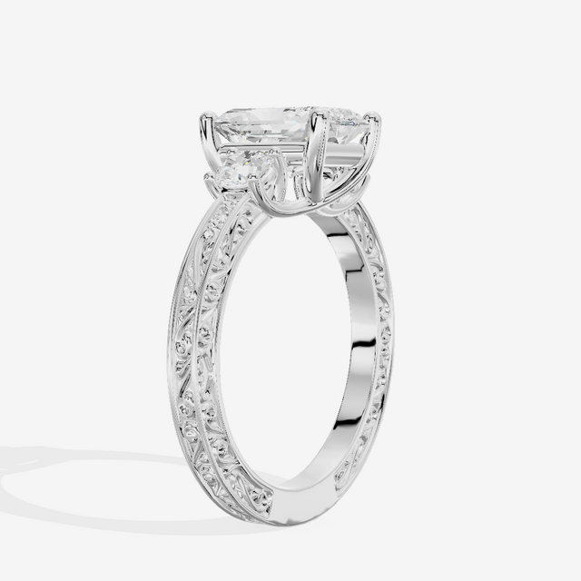Triade Engraved Radiant Three Stone Engagement Ring (1/3 ct. tw.) in 18K White Gold