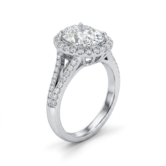 Halo Split Shank Oval Engagement Ring (2.32 ct. tw.) in 18K White Gold