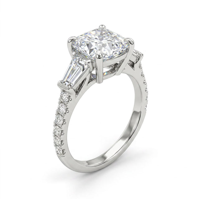 Three Stone Pavé Radiant Engagement Ring (3.02 ct. tw.) in 18K White Gold