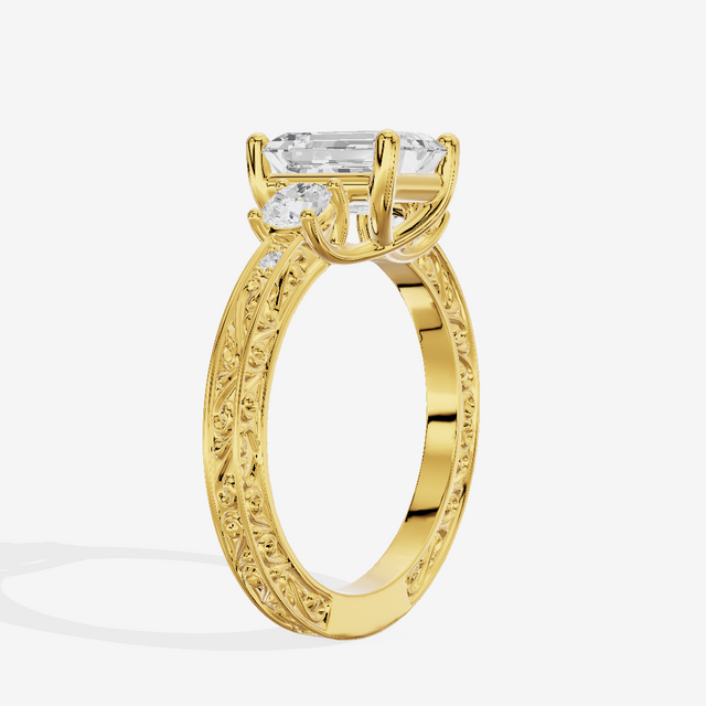 Triade Engraved Emerald Three Stone Engagement Ring (1/3 ct. tw.) in 14K Yellow Gold