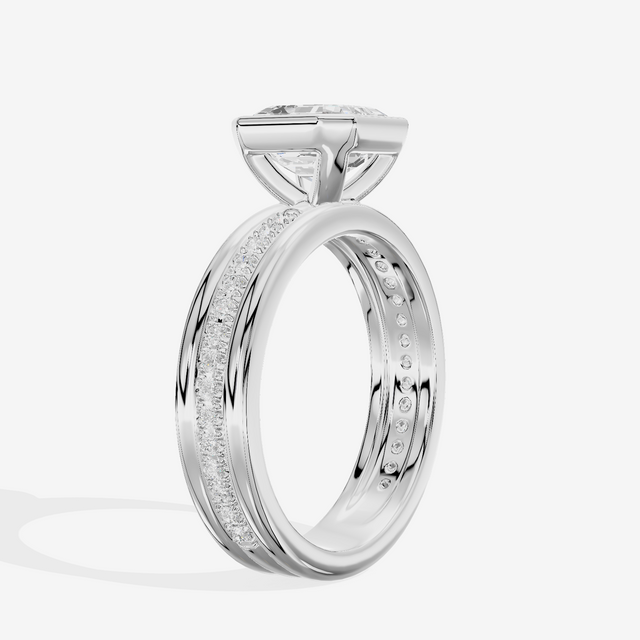 Belovae Bezel Asscher Engagement Ring with Side Stones (1/4 ct. tw.) in 18K White Gold