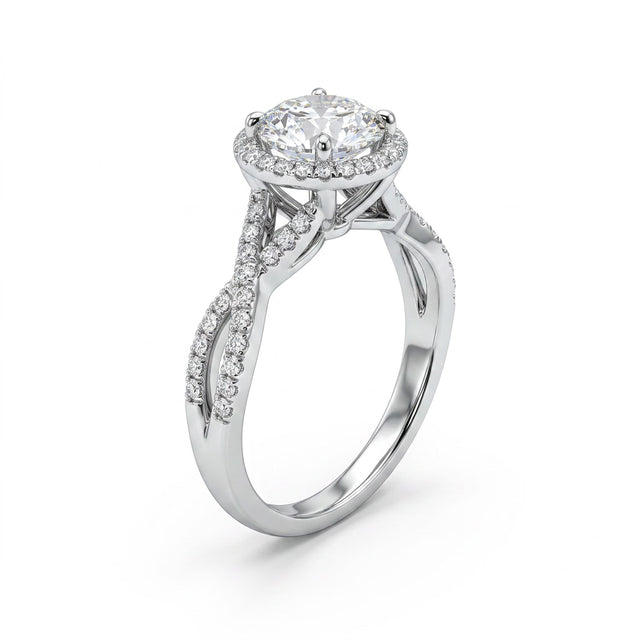 Tall Cathedral Halo Twist Round Engagement Ring (1.01 ct. tw.) in 18K White Gold