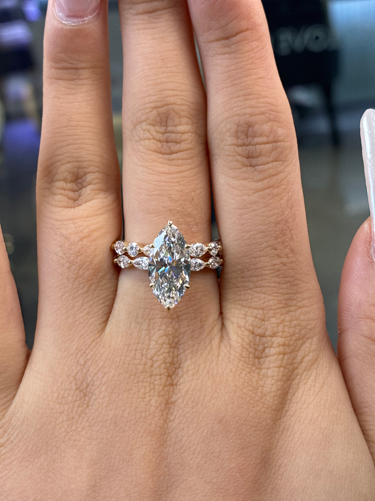 For Myonn 14k yellow gold, 3.01ct marquise, 0.572ct side stones, D/VVS2+ mixed round and marquise band. Two rings. Ready to ship. Size 8