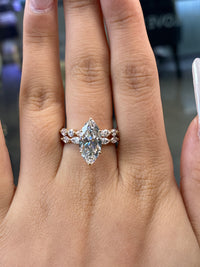 For Myonn 14k yellow gold, 3.01ct marquise, 0.572ct side stones, D/VVS2+ mixed round and marquise band. Two rings. Ready to ship. Size 8
