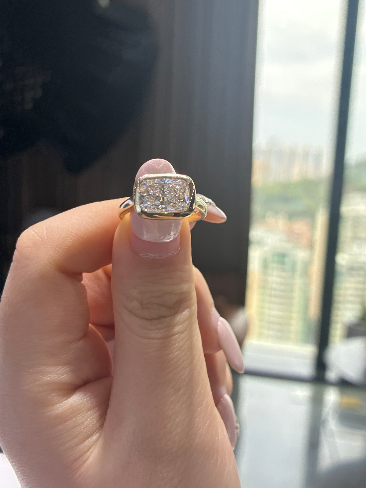 For AnDrea 14k gold E/vs1 3.02carat east west radiant cut bezel ring