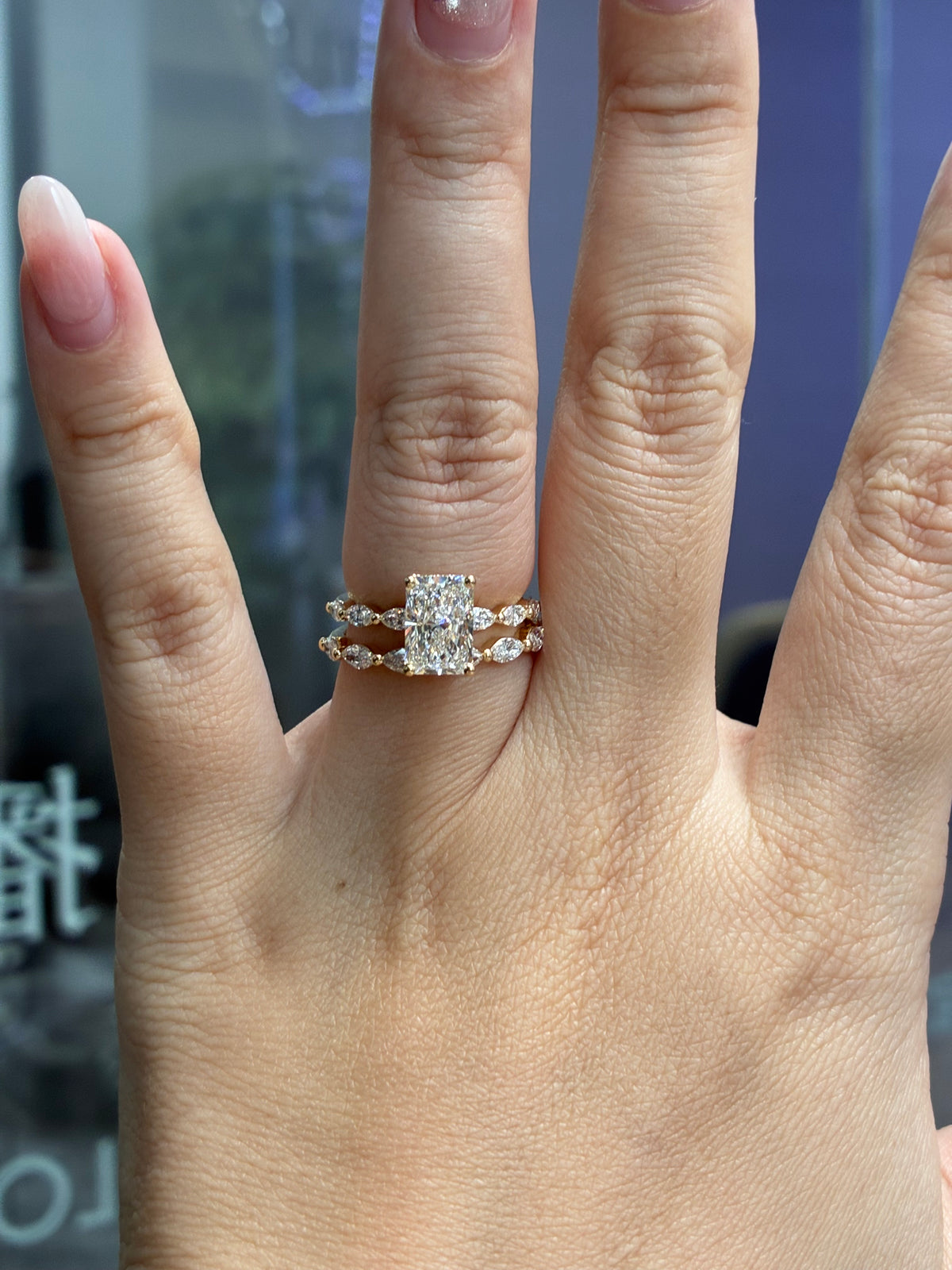 For Medusa, Custom Bridal set in 14k yellow gold, 2ct Radiant center diamond with 0.464ct sidestones engagement ring, E/VVS2 + Marquise wedding band, total 0.586ct