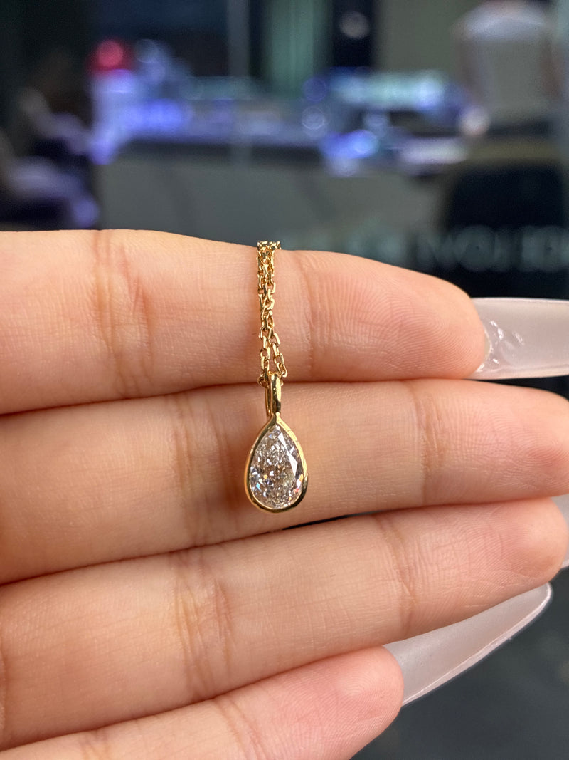 Deposit for Amy A, 14k yellow gold necklace, 1.5ct pear drop main stone, E/VVS2