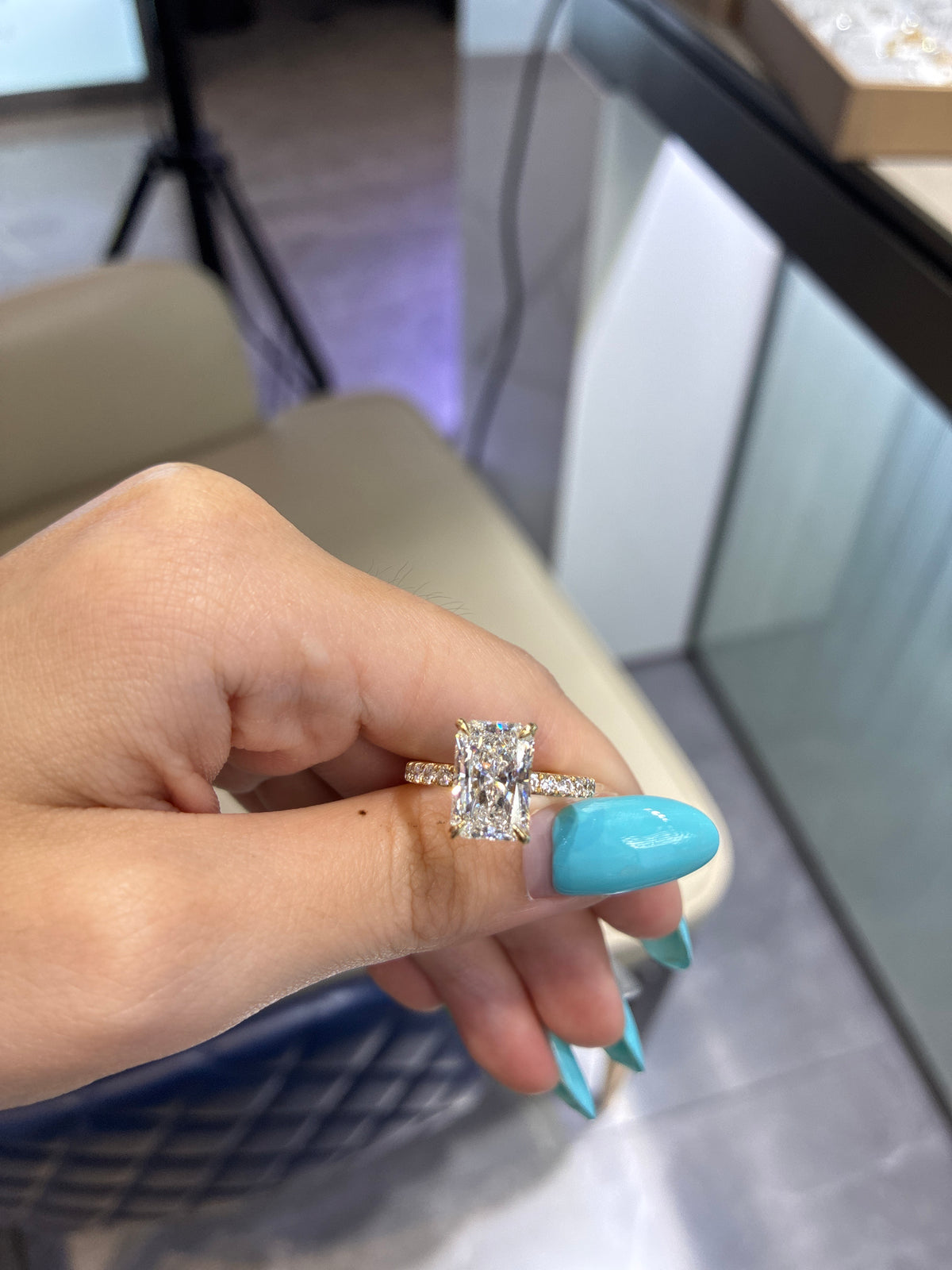 For Susan 14K yellow gold 3.10carat radiant cut E VS1 with 0.388ct side stone ring