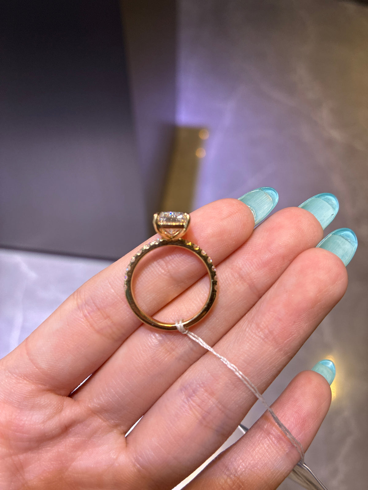 Retainer for Julissa 14k yellow gold 3.08ct Radiant cut Evs1 with 0.385ct side stones and hidden halo