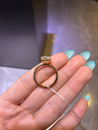 Retainer for Julissa 14k yellow gold 3.08ct Radiant cut Evs1 with 0.385ct side stones and hidden halo