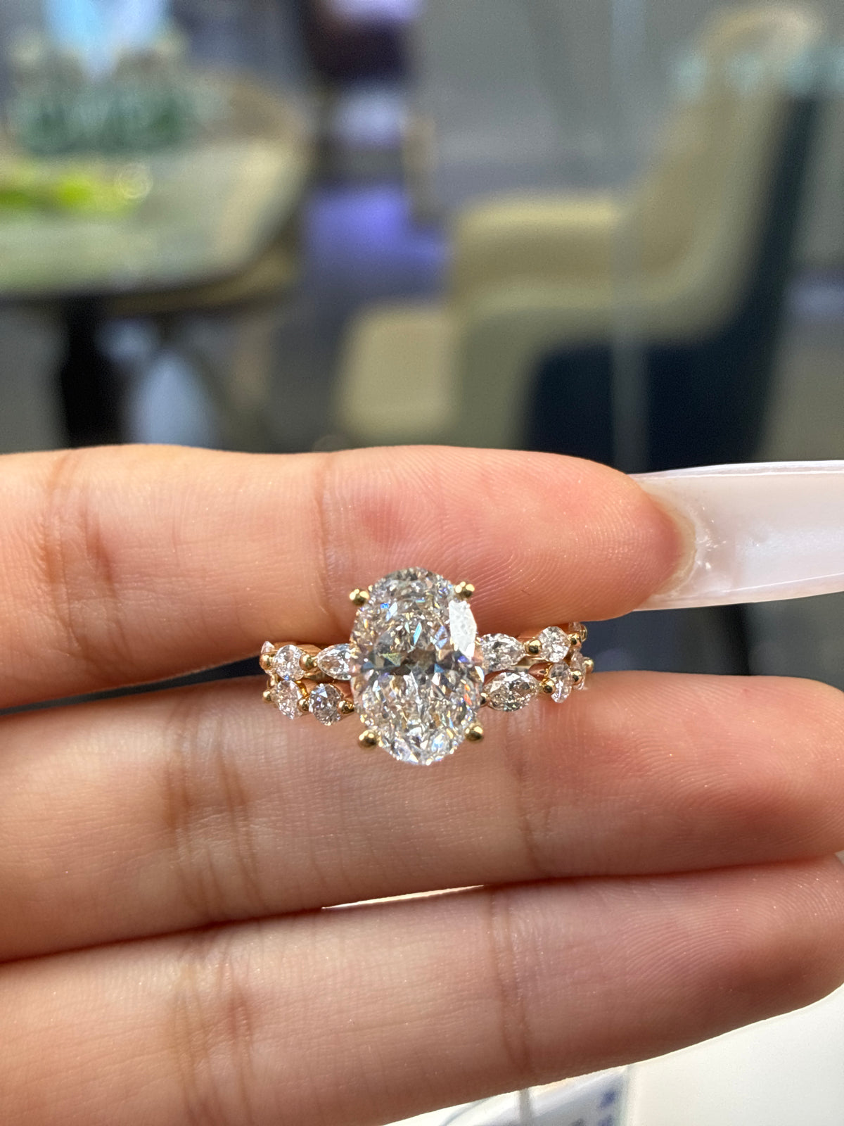 Deposit for Weniford Leon 14k yellow gold, 3ct oval cut, E/VVS2, bubble band, +marquise band, size7