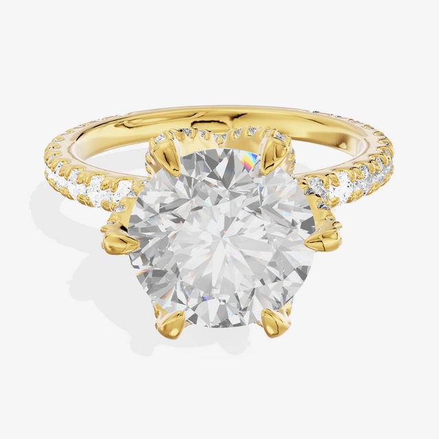 14K Yellow Gold 3.02 Carat Round Brilliant Cut Lab-Grown Diamond E VVS1 Halo Ring with Pavé Band