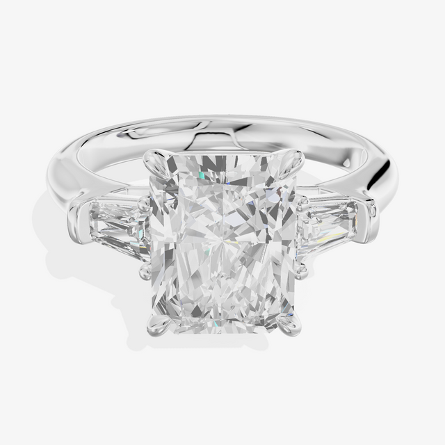 14K White Gold 3.03 Carat Radiant Cut Lab-Grown Diamond E VS1 Three-Stone Ring with Baguette Side Stones