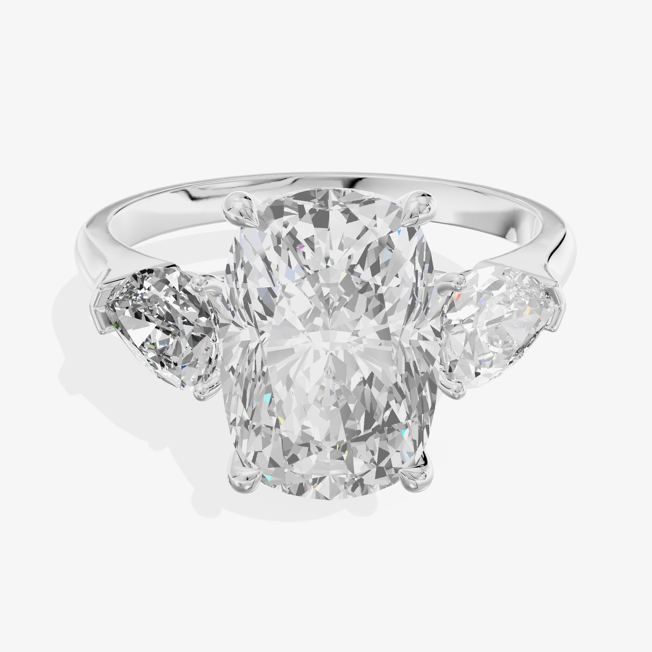 18K White Gold 3.09 Carat Cushion Cut Lab-Grown Diamond E VVS2 Three-Stone Ring with Pear Side Stones