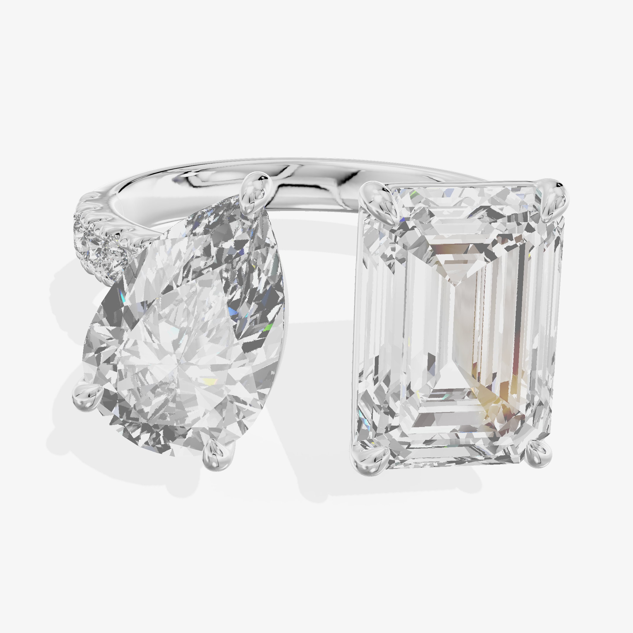 18K White Gold 3.05 Carat Emerald Cut and 2.24 Carat Pear Shape Lab-Grown Diamond E VS1 Two-Stone Ring with Diamond Accents