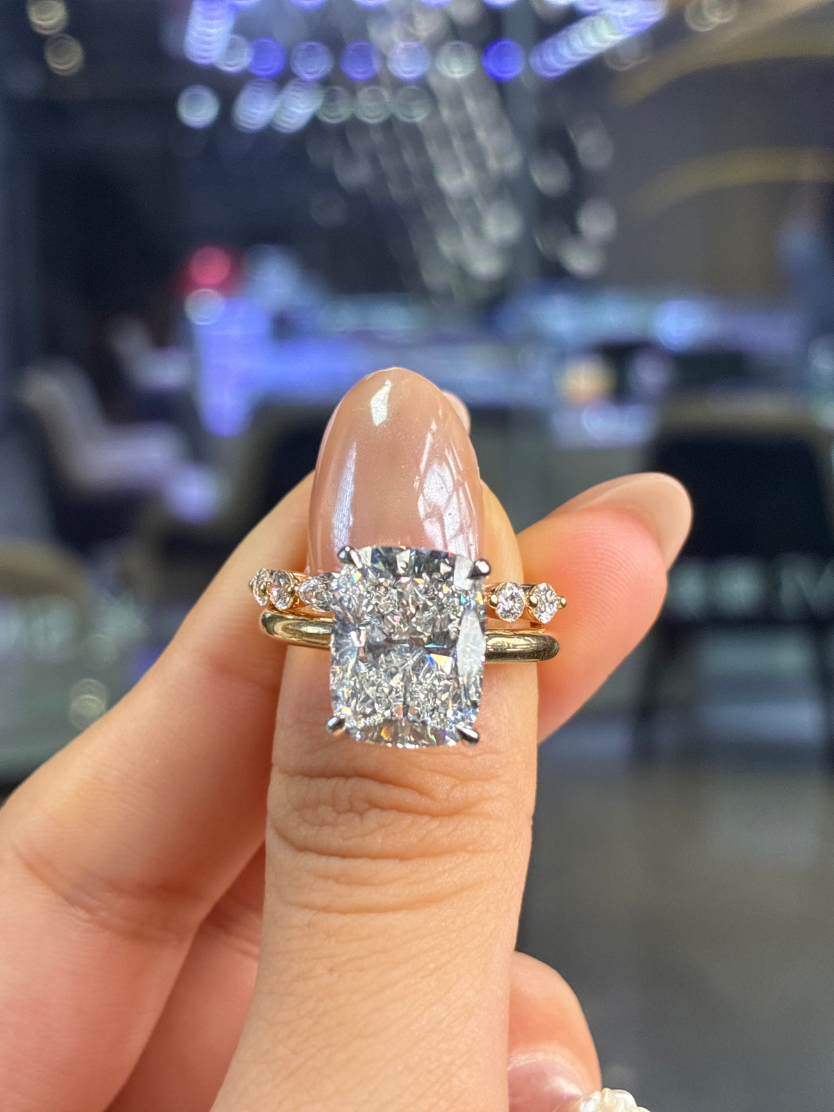 Remaining balance for NC :1️⃣14k yellow solid gold, 4.02ct elongated cushion cut diamond with E color and VVS2 clarity. Certificates: double IGI2️⃣14k yellow solid gold, 0.6ct total half eternity marquise band with 2.2mm width and 1.6mm thickness