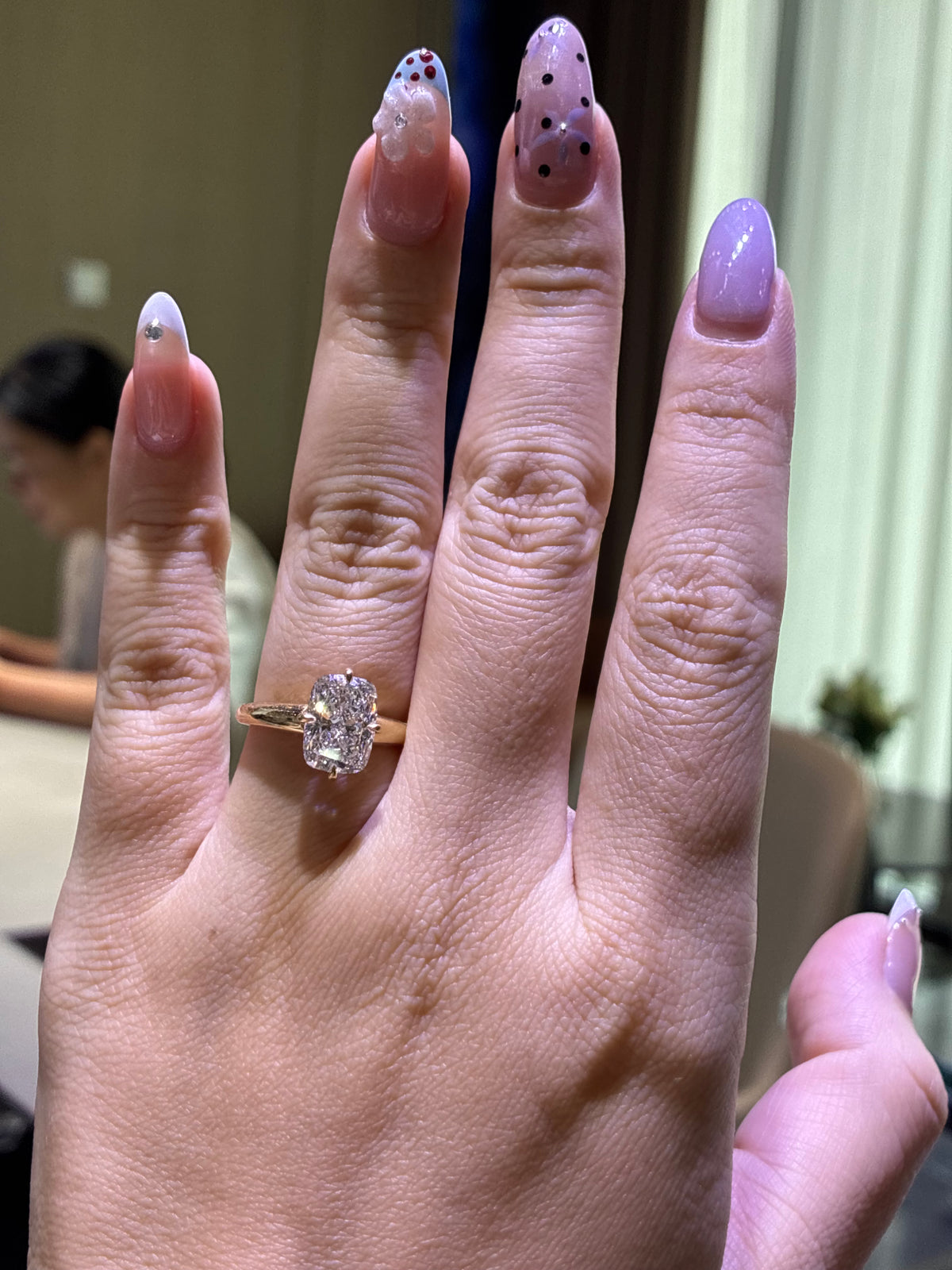 For wife and mom, deposit for 3ct Elongated cushion Engagement Ring, E/VVS2, in 14k Yellow gold