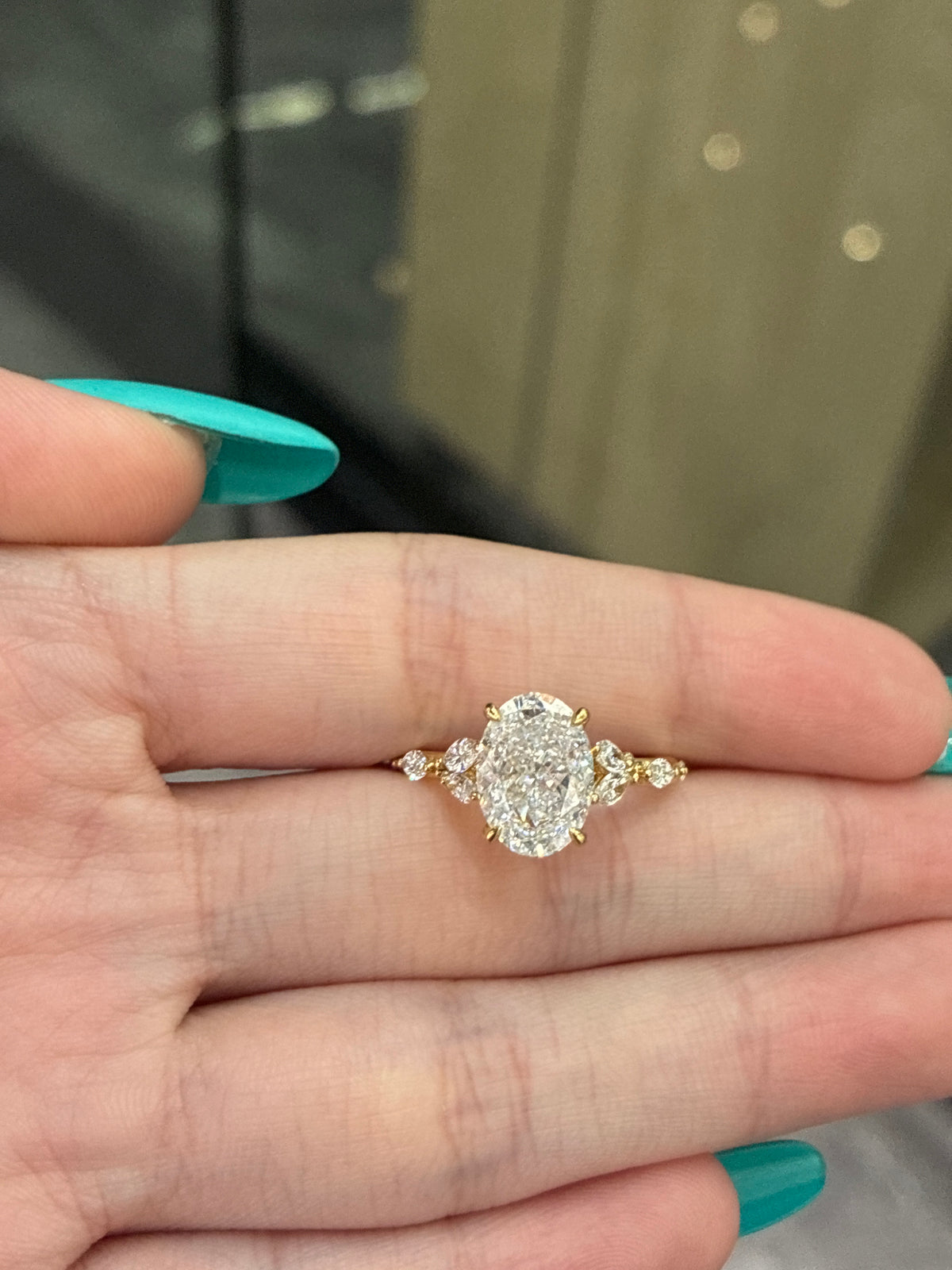 Deposit For Tara 14K solid yellow gold 3.36ct Oval D VS1 with cluster band 0.428ct side marquise stone