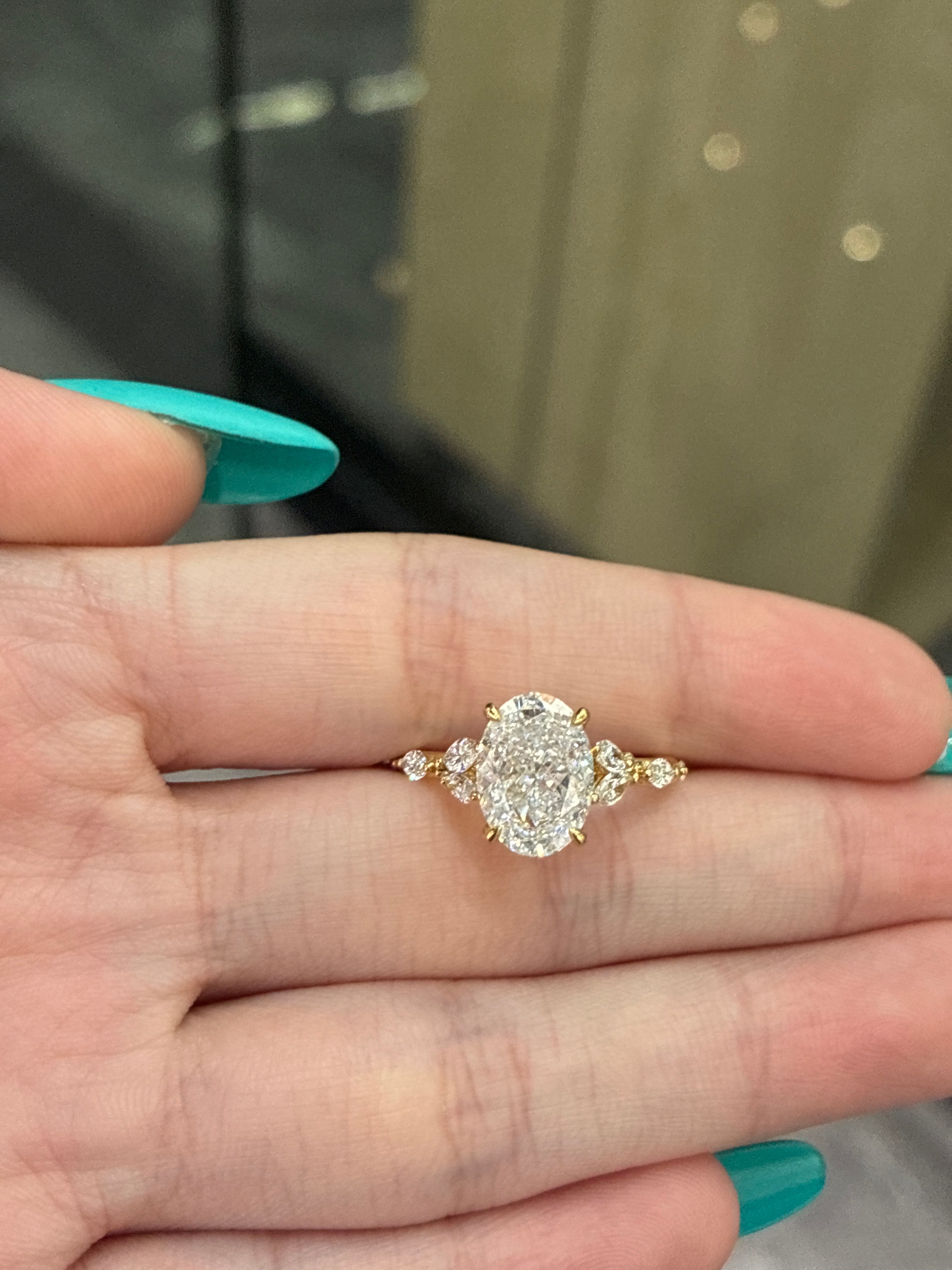 Deposit For Tara 14K solid yellow gold 3.36ct Oval D VS1 with cluster band 0.428ct side marquise stone