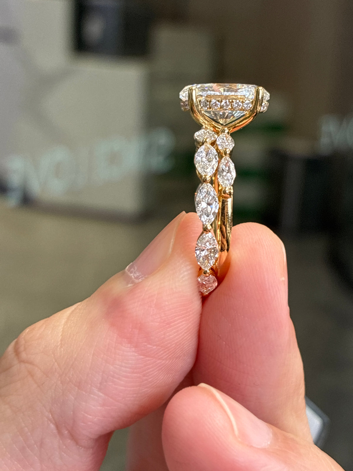 Wedding Set For Olivia Pope🌼 Oval Shape Bubble Band Solitaire Ring//18K Solid yellow gold//3.090ct Oval shape center stone//D/VVSW//22 stones for total 0.464ct// Marquise Cut Full Eternity Band Ring//18K Solid yellow gold//11 stones for total 1.730ct US6