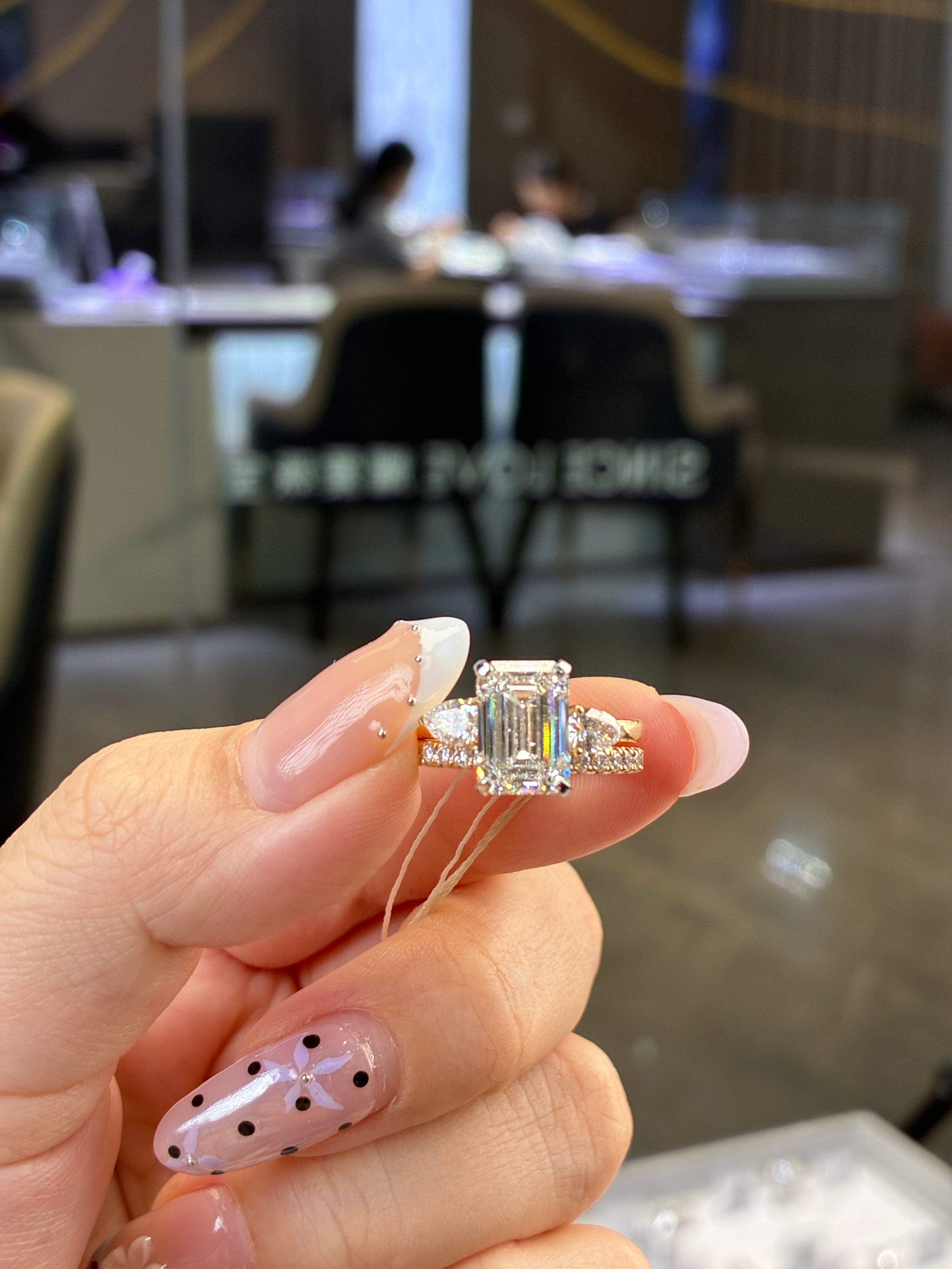 Remaining balance for Baylea Bridal set, 3ct Emerald solitaire with hidden halo , E/VVS2+ 0.68ct Open wedding band in 14K rose gold