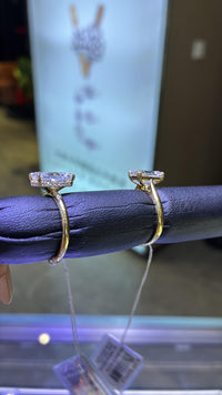 For Bana, 3.5ct radiant cut, E/VVS2, plain band with cathedral setting, hiden halo, in 14k gold