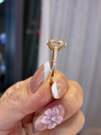 For Jordan, 3ct marquise solitaire with hidden halo and pave band, E/VVS2, 14k yellow gold