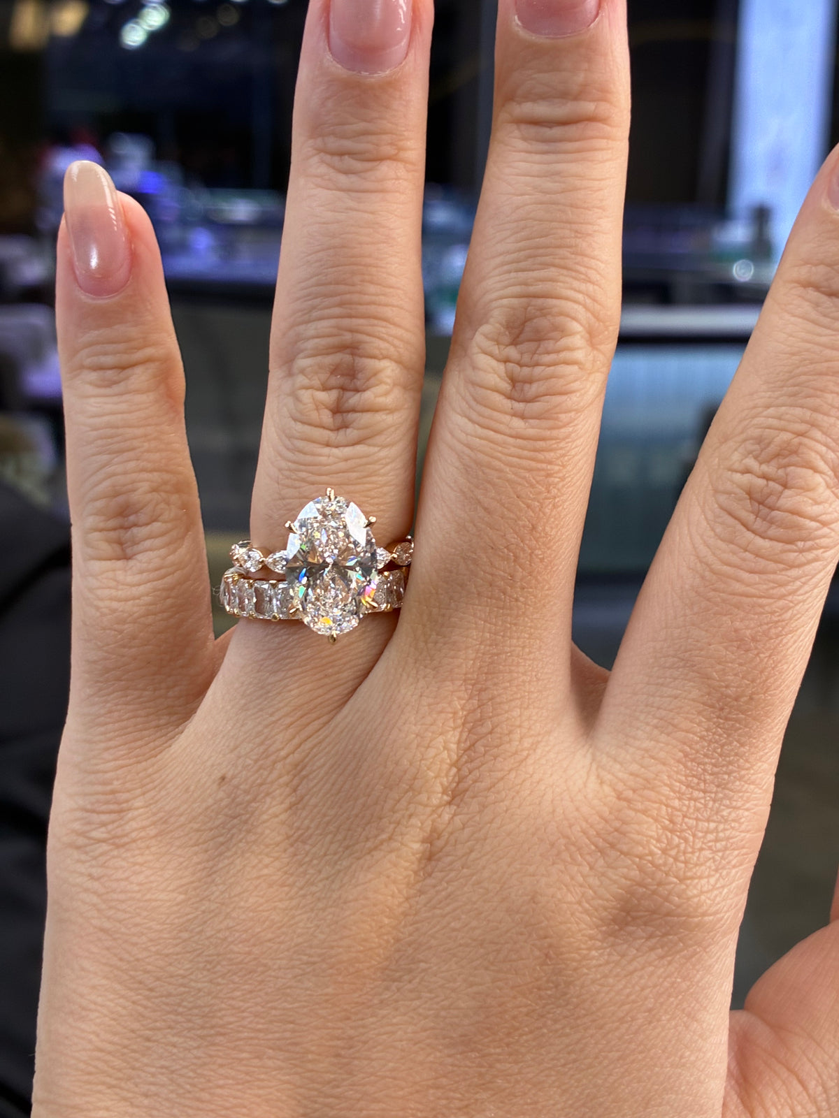 For Elaine, deposit for Bridal Set, 1️⃣ 5ct Oval Solitaire with 0.897ct sidestones Engagement Ring, E/VS1, in 14k yellow gold 2️⃣ Total 4.7ct Radiant Full eternity band, DE/VS-VVS, in 14k yellow gold