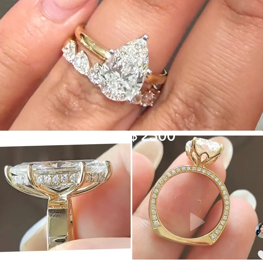 For Keyla🦋, Deposit For Bridal Set 1️⃣4ct Pear Engagement Ring, E/VVS2, European shank with pavé diamonds on both sides, Approx. 0.8ct total side diamonds in 14K two-tone gold 2️⃣Half eternity Pear Band, total 2.1ct, DE/VS-VVS, in 14K Yellow Gold