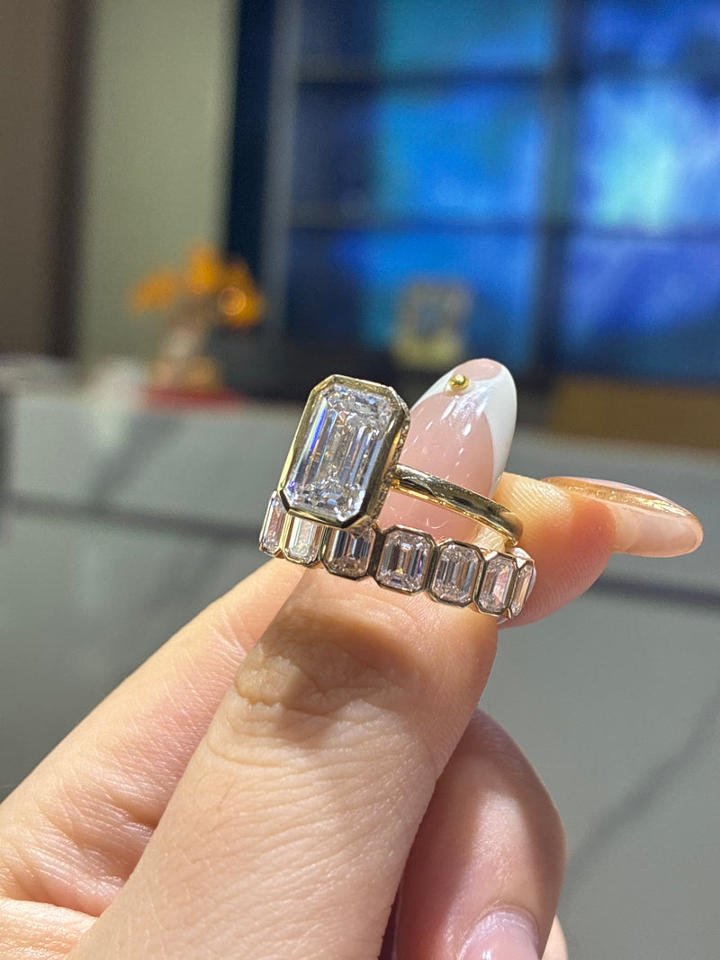 For Beth 14k yellow gold a set (bezel emerald cut band and 3.06ct bezel emerald cut)