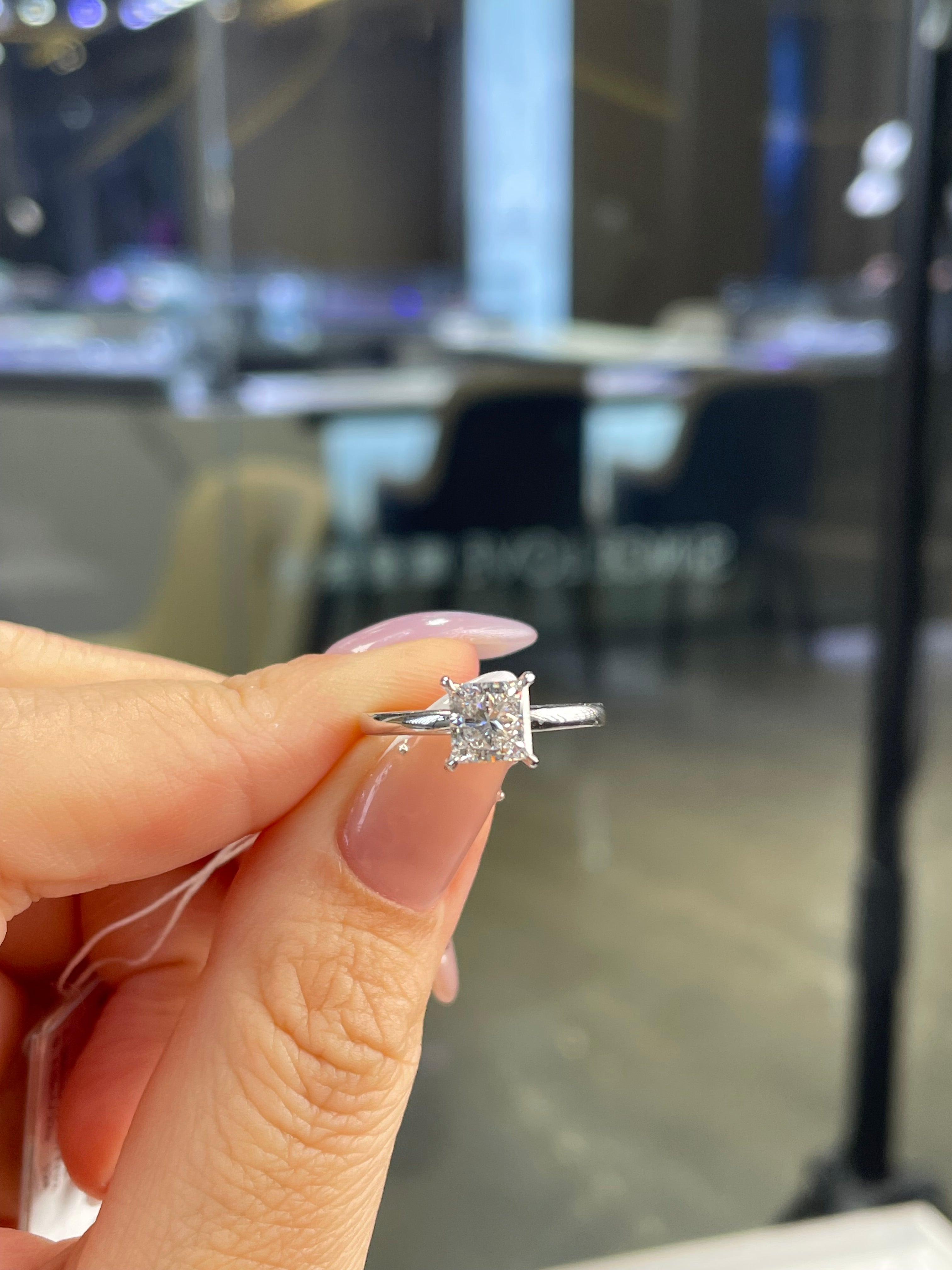 For Brandi, 1ct Princess cut Solitaire with hidden halo, E/VVS2, in 14K solid white gold
