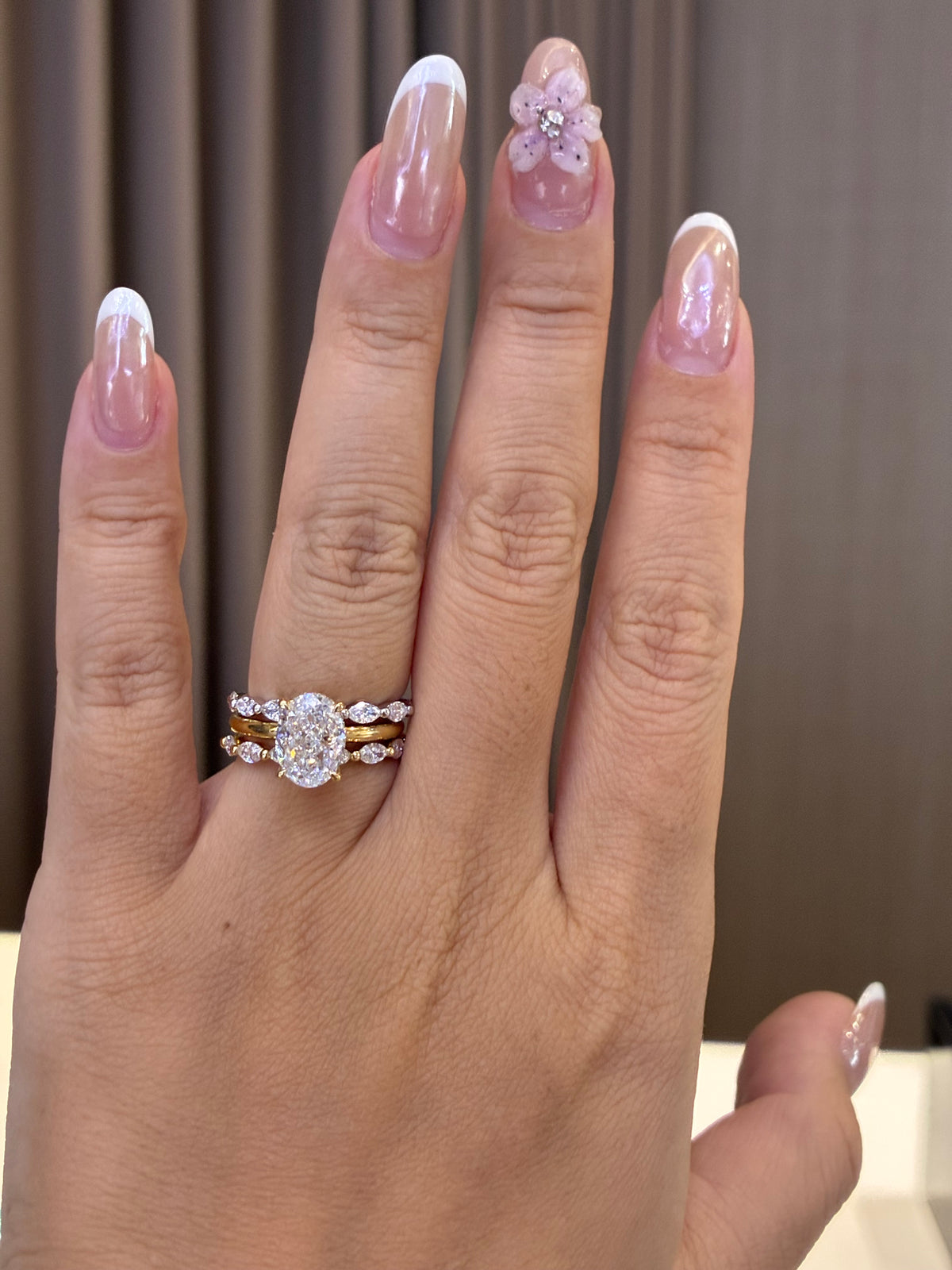 For Jazzy, Deposit for Bridal Set, 3ct Oval Solitaire with Hidden halo , D/VVS2 + two Half Eternity marquise bands in 18K yellow gold