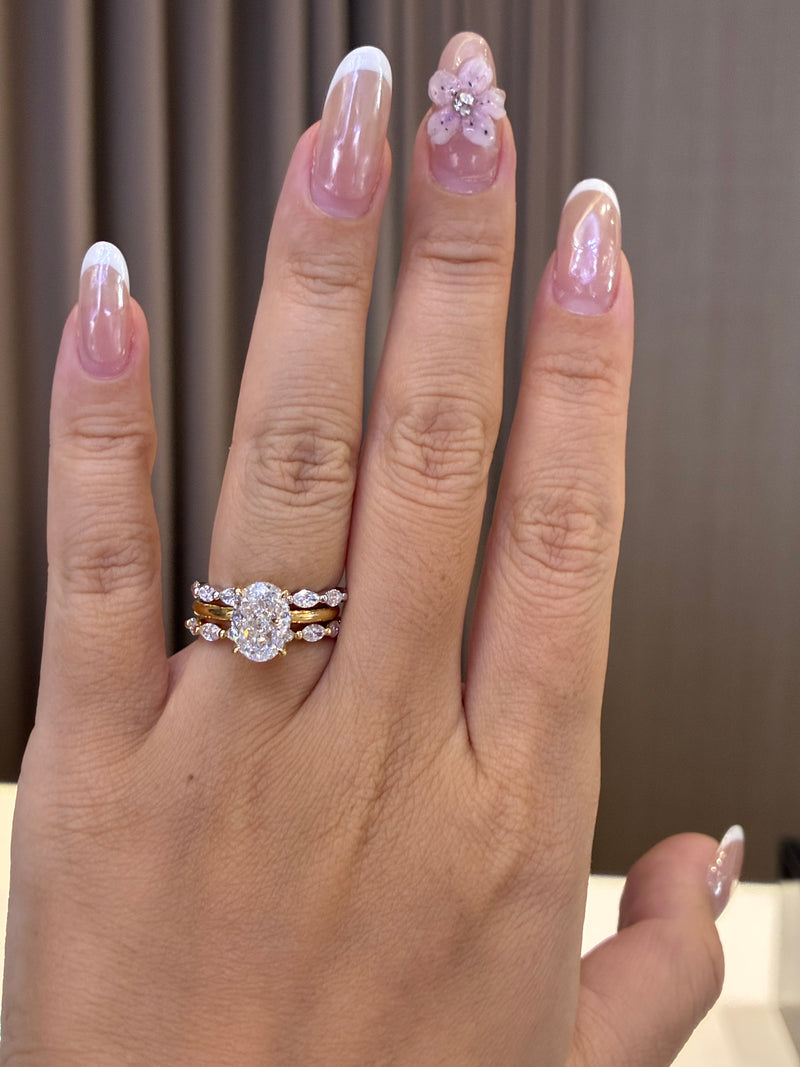 For Jazzy, Deposit for Bridal Set, 3ct Oval Solitaire with Hidden halo , D/VVS2 + two Half Eternity marquise bands in 18K yellow gold