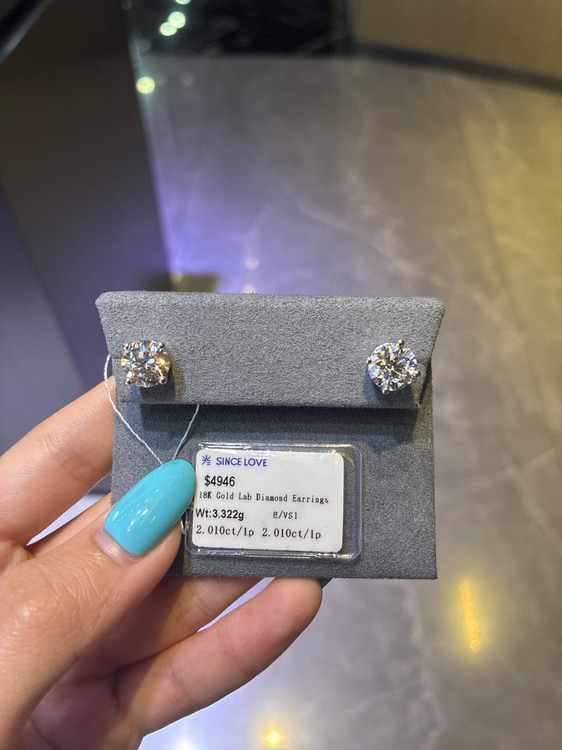 For Adriana 18K white gold earrings stud 2.01ct each total 4.02ct. E color VS1 clarity