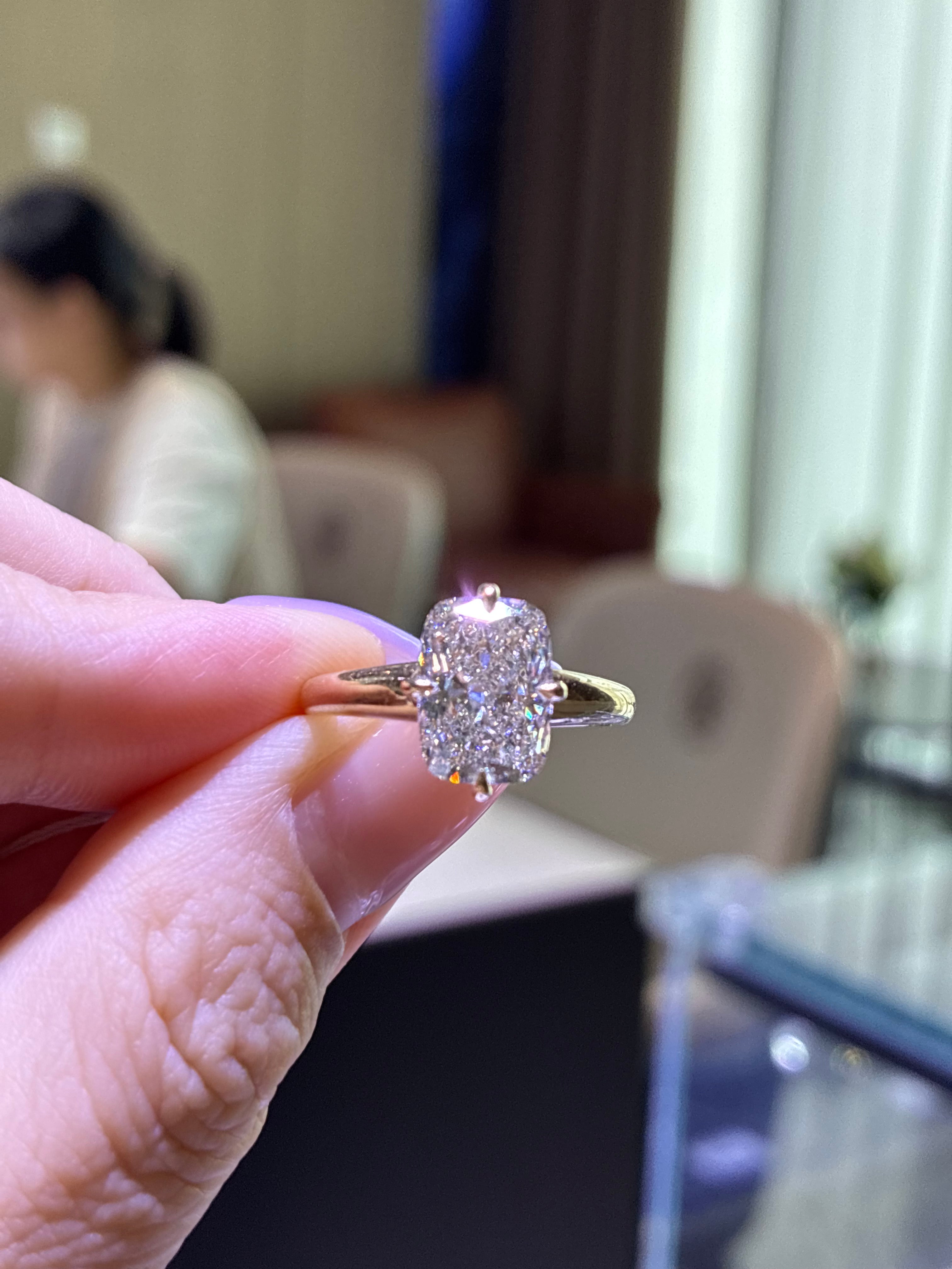 For wife and mom, deposit for 3ct Elongated cushion Engagement Ring, E/VVS2, in 14k Yellow gold