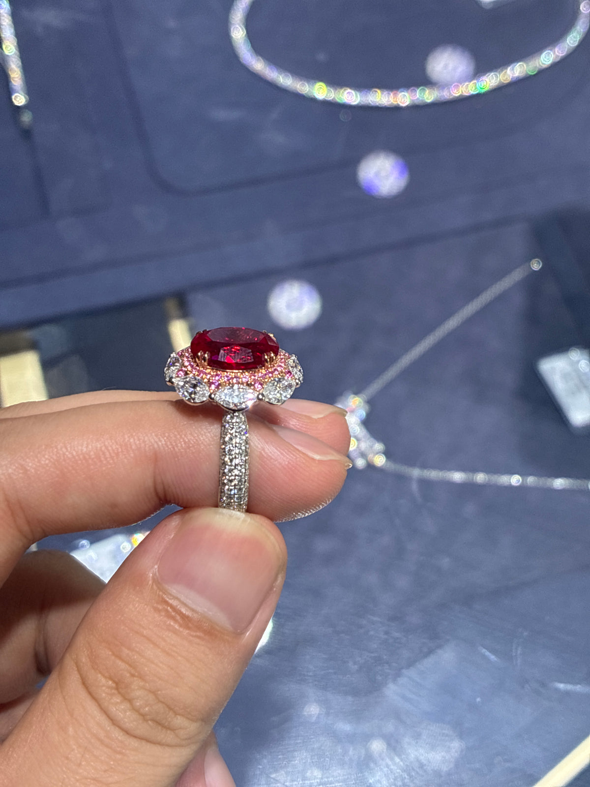 For Skylar heart shape cut 3.02ct E/VS1 platnium and  14k 5.412ct ruby side stone 2.832ct size 6