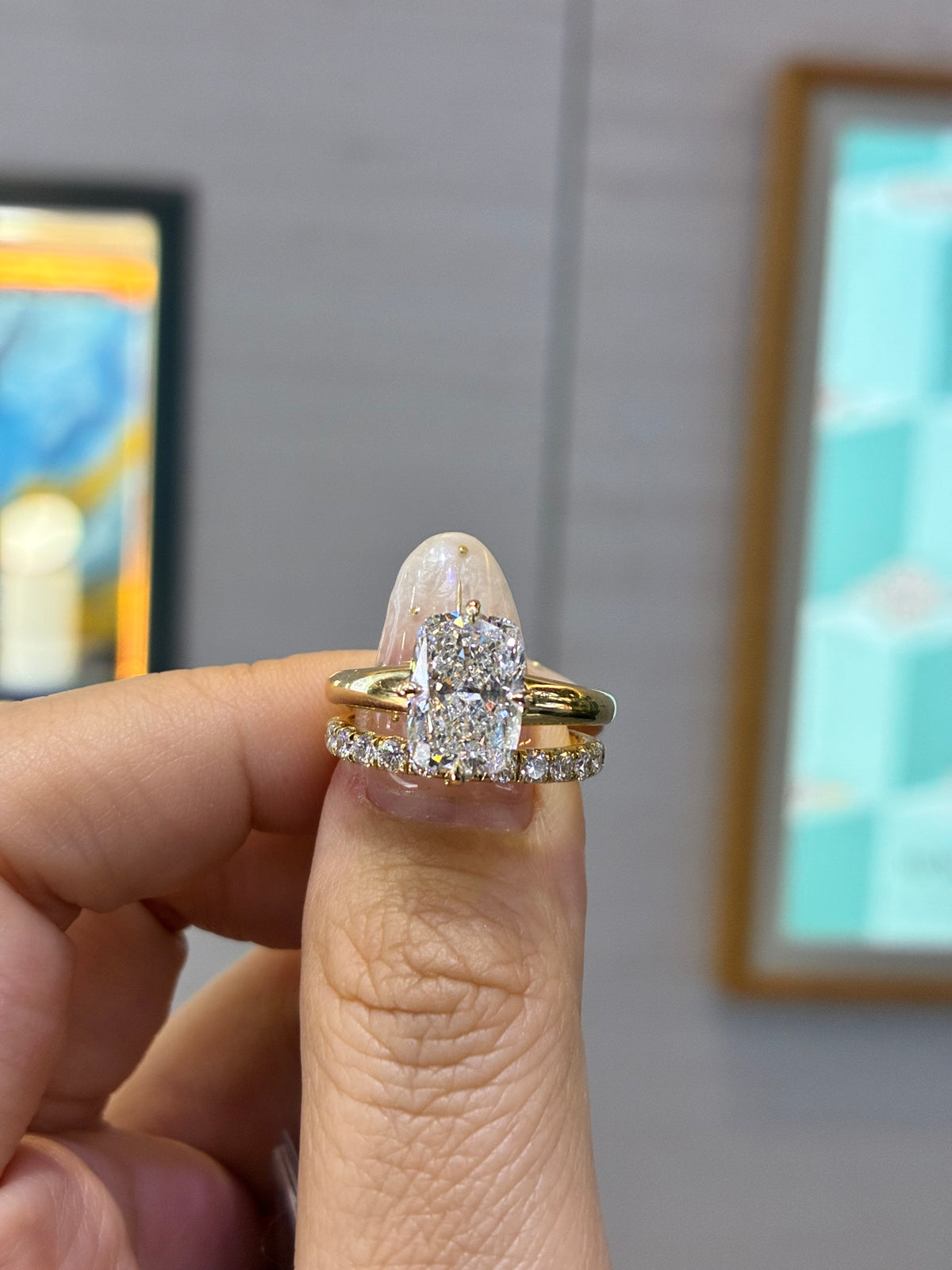 For MARZ LEON, 3ct Radiant Compass prongs in 14K + 0.54ct Diamond band in 18K
