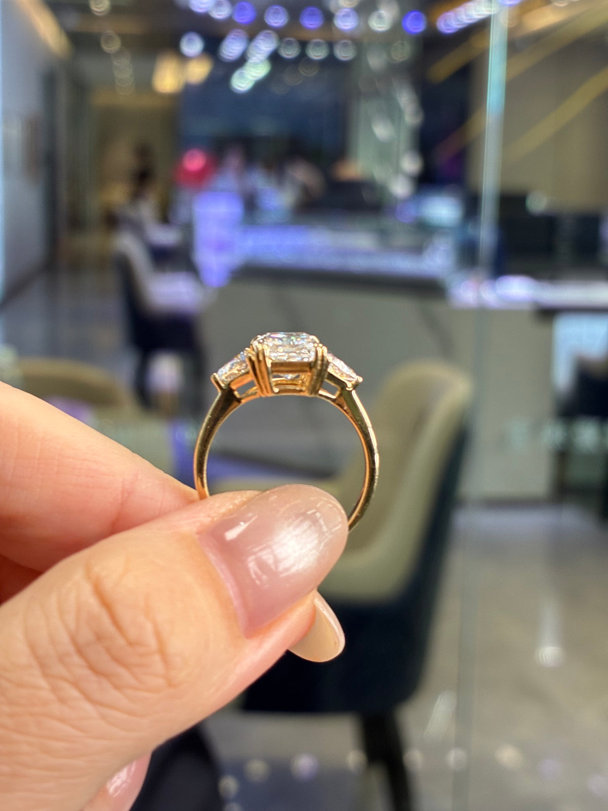 For bjam, 3ct Randiant with trillion cut three stone engagement ring, D/VVS2, in 14k yellow gold (ready to ship )