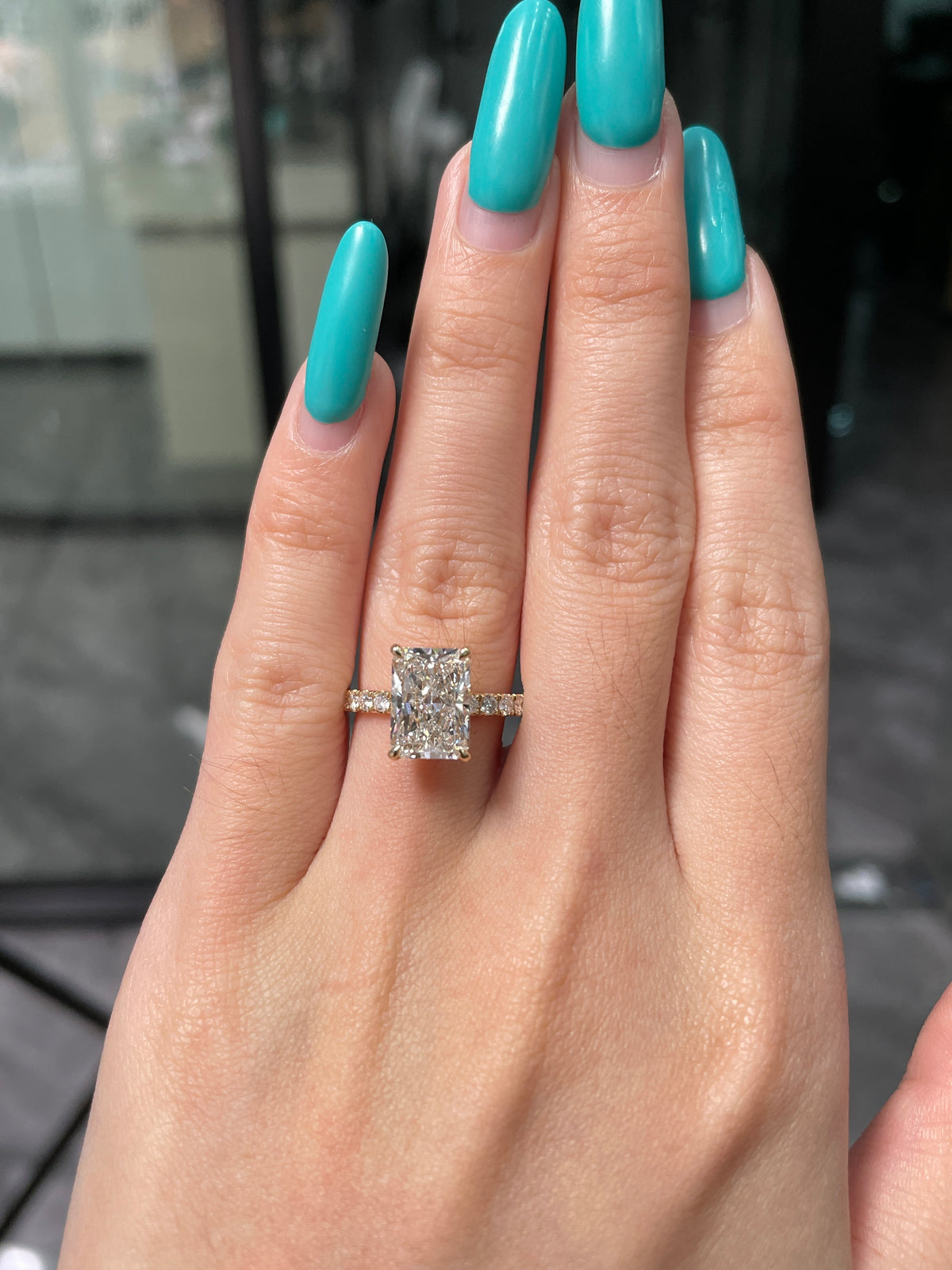 For Queen M, 14k yellow gold, 3ct radiant cut with 0.437ct sidestones(customization)