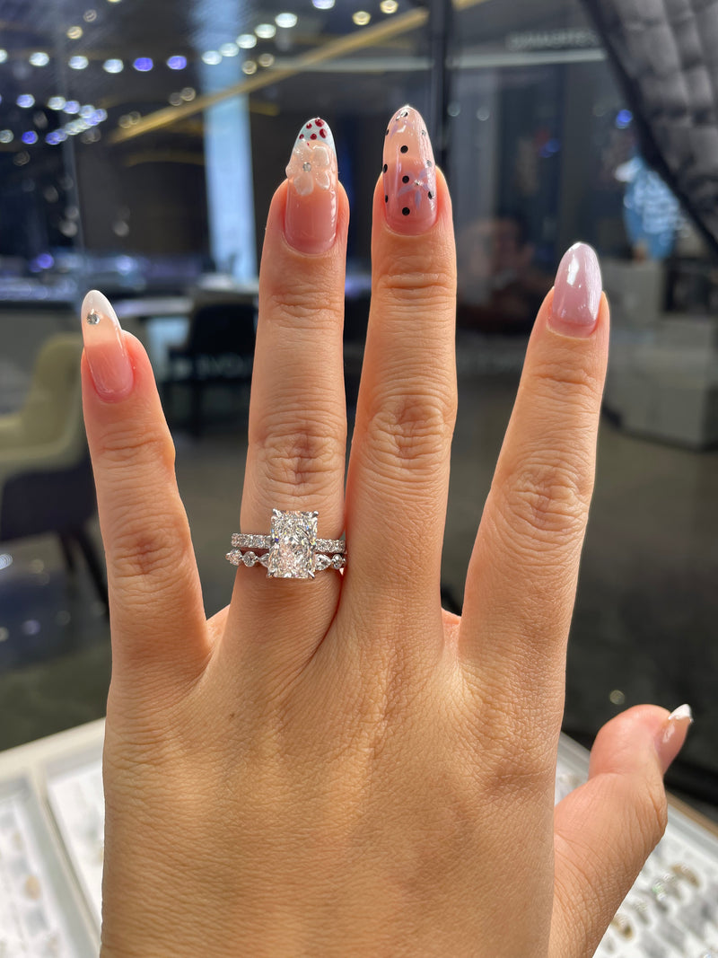 For Rosebush, 14K solid white gold Bridal set, 3.05ct radiant mainstone, D/VVS2 with 0.473ct sidestones engagement ring + 0.6ct Marquise&round diamond wedding band