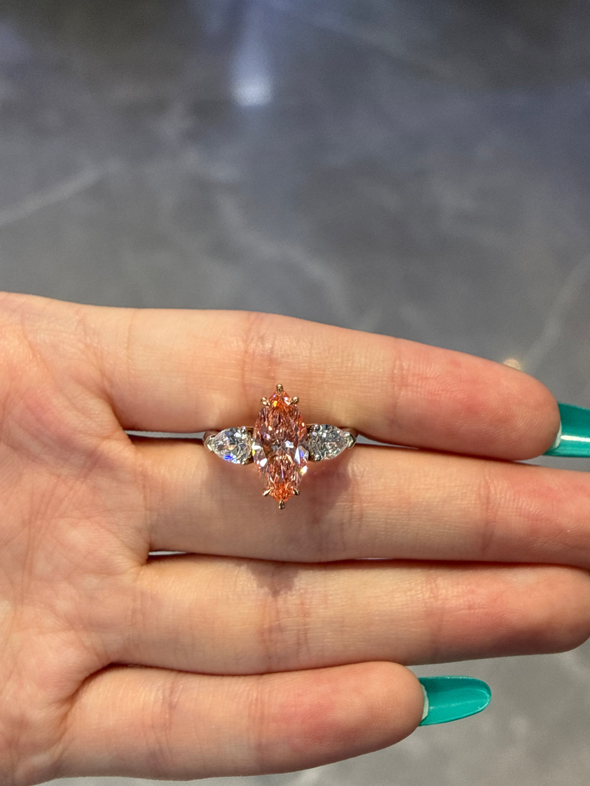 For FarraH 18K white solid gold 3 stones ring, 2.53ct pink marquise center stone,FVP VVS2, with 1.009ct pear side stone
