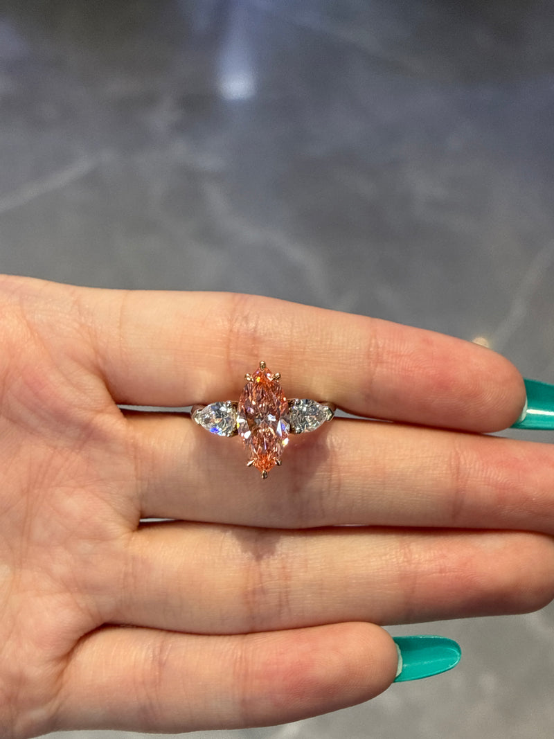 For FarraH 18K white solid gold 3 stones ring, 2.53ct pink marquise center stone,FVP VVS2, with 1.009ct pear side stone